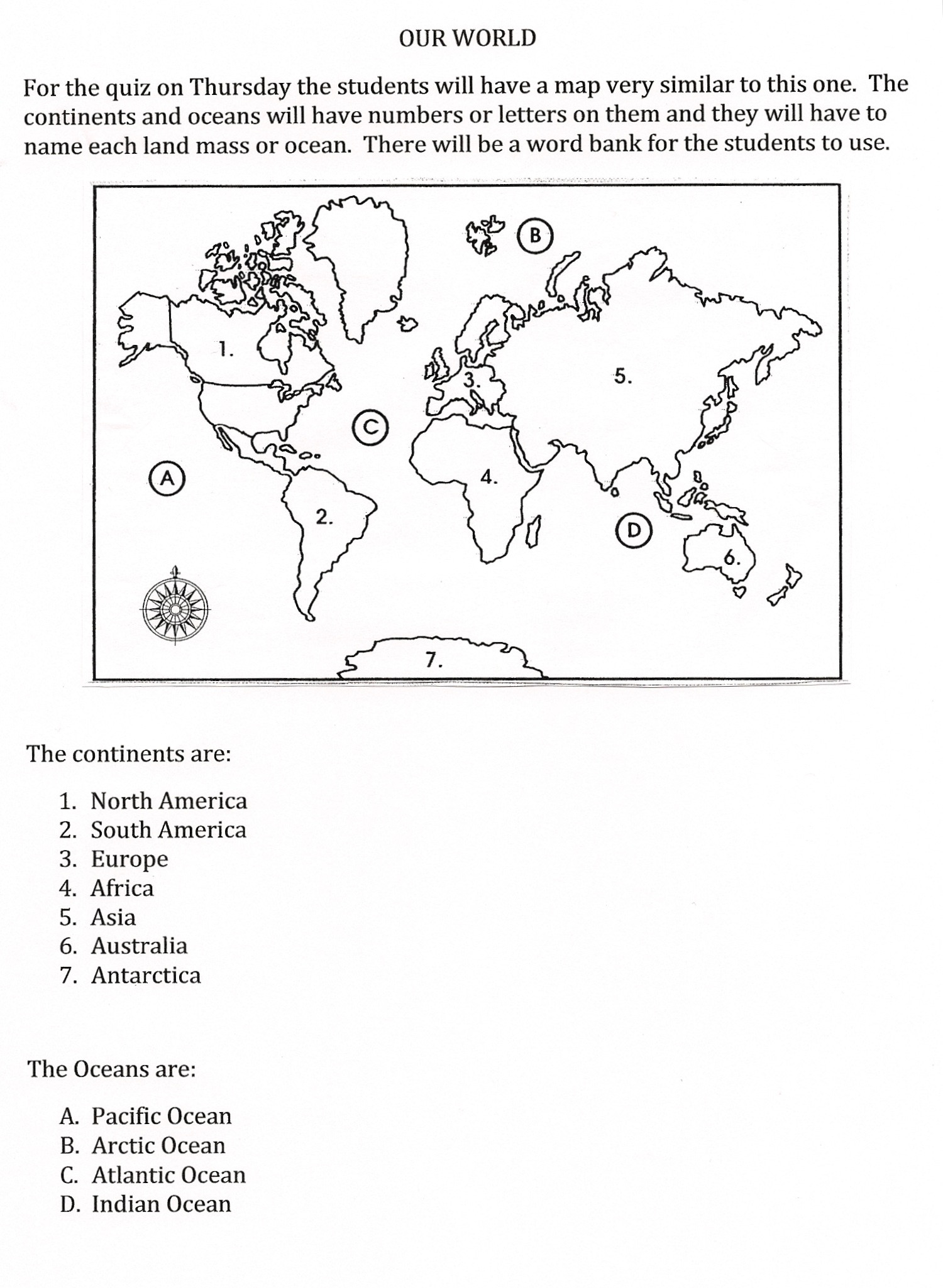Label Continents and Oceans Printable Continents Worksheet Quiz