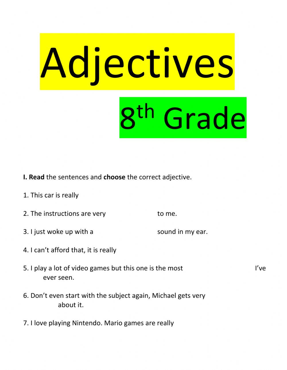 Language Arts Worksheets 8th Grade Adjectives 8th Grade Interactive Worksheet