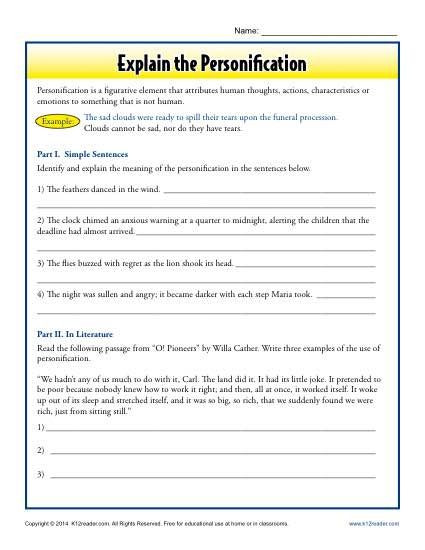 Language Arts Worksheets 8th Grade Explain the Personification