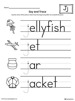 Letter J Tracing Worksheets Preschool Say and Trace Letter J Beginning sound Words Worksheet
