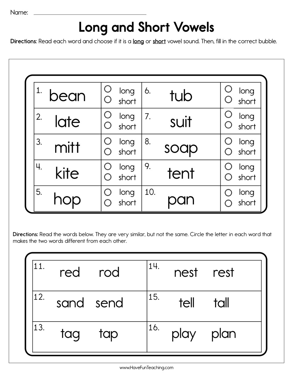 Long Vowels Worksheets First Grade Long and Short Vowels Worksheet