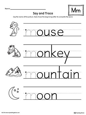 M Worksheets Preschool Say and Trace Letter M Beginning sound Words Worksheet