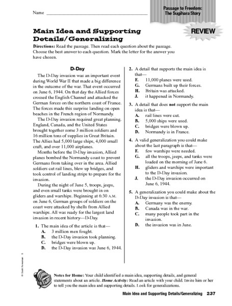 Main Idea Worksheets Third Grade Main Idea and Supporting Details Generalizing Worksheet for