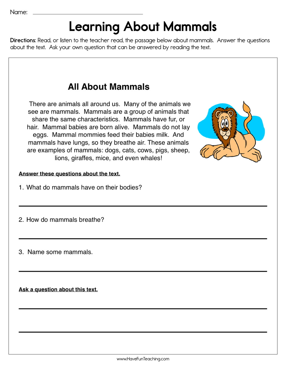 Mammal Worksheets First Grade Learning About Mammals Worksheet
