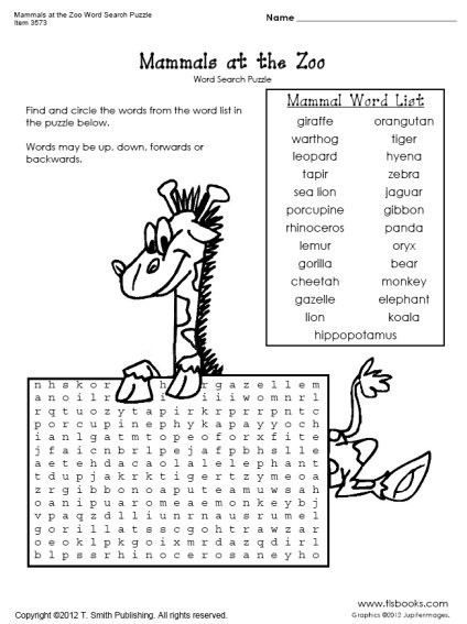 Mammal Worksheets First Grade Mammals at the Zoo Word Search Puzzle