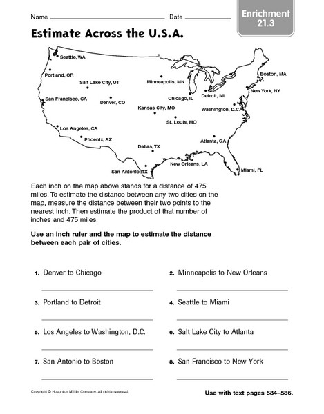 Map Scale Worksheet 3rd Grade Estimate Across the U S A Enrichment 21 3 Worksheet for 4th