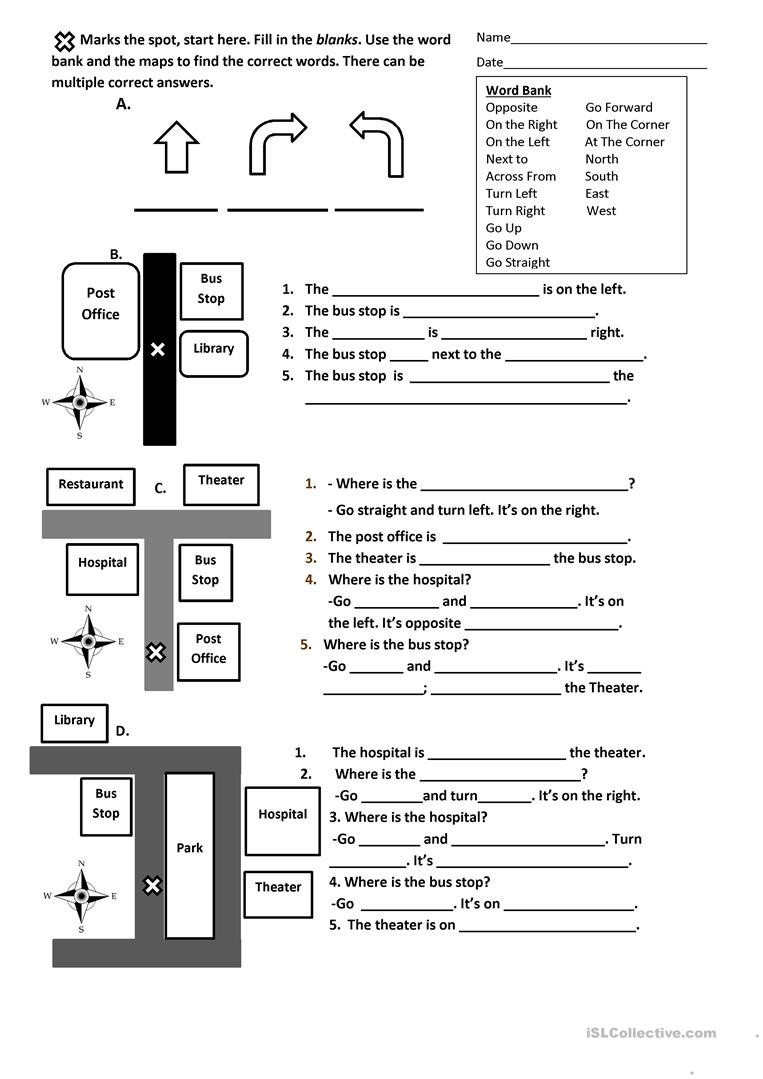 Map Worksheet 2nd Grade Directions Prepositions and Maps Worksheet English Esl