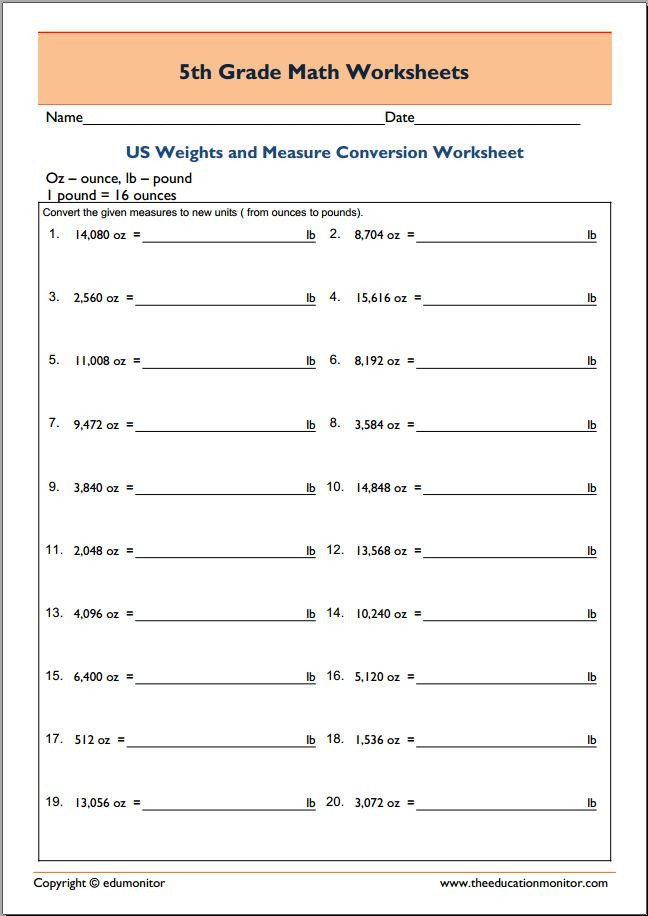 Math Conversion Worksheets 5th Grade Measuring Weights 5th Grade Printable Worksheets Edumonitor