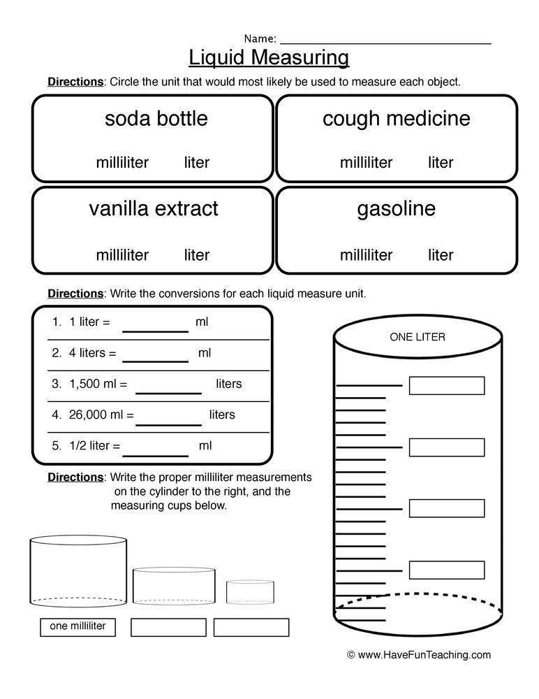 Measuring Worksheets for 2nd Grade Choosing Milliliter or Liter Worksheet