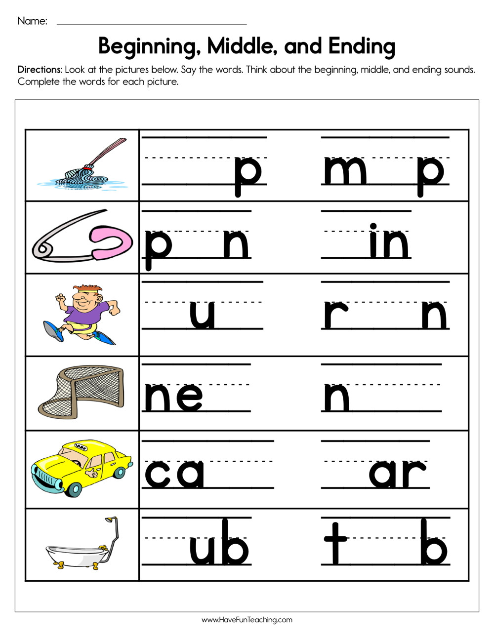 Medial sounds Worksheets First Grade Beginning Middle and Ending sounds Worksheet