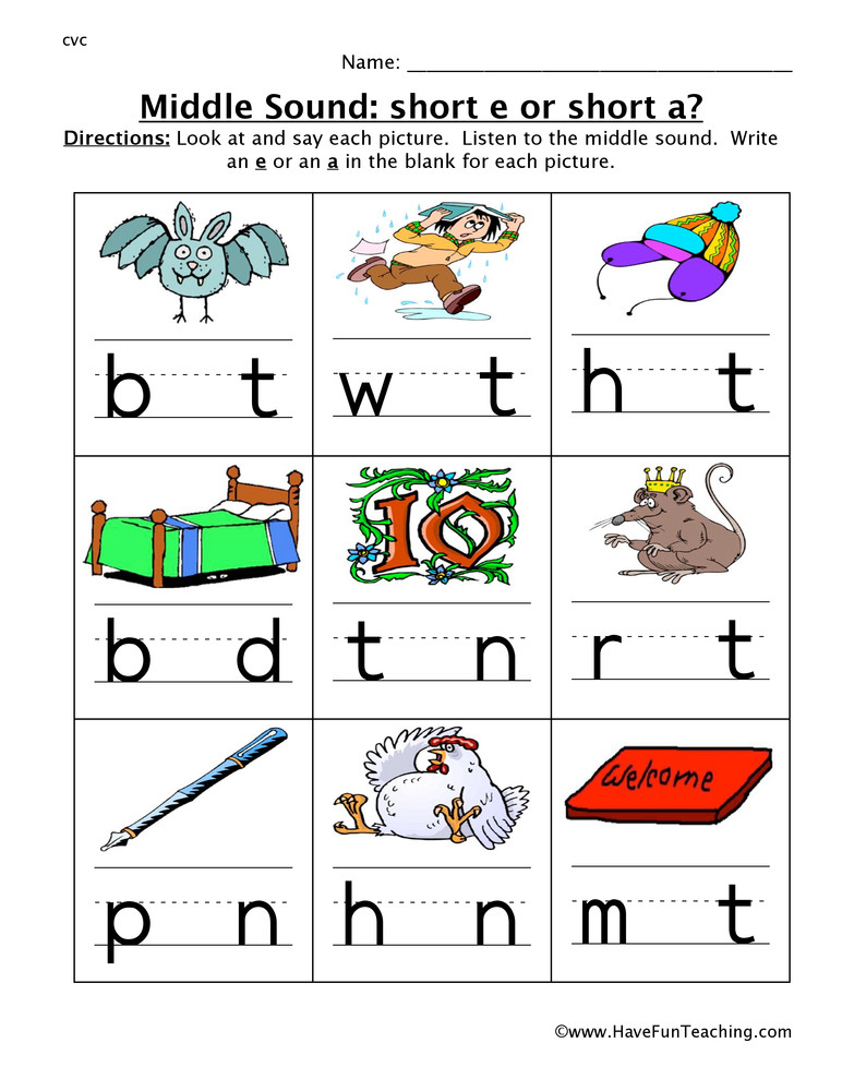 Medial sounds Worksheets First Grade Middle sounds E or A Worksheet