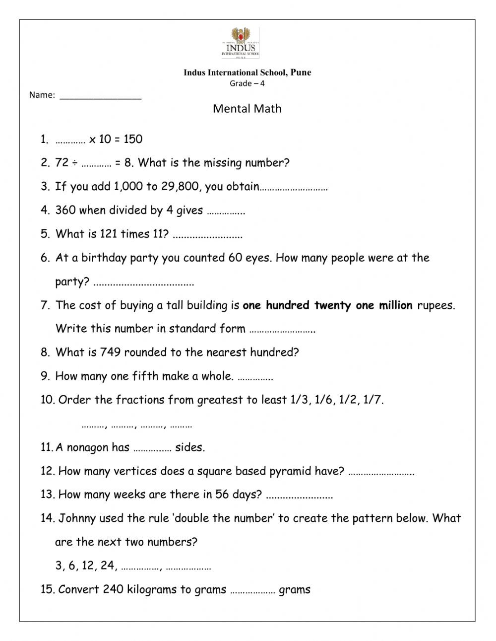 Mental Math Worksheets Grade 3 Mental Math Interactive Worksheet