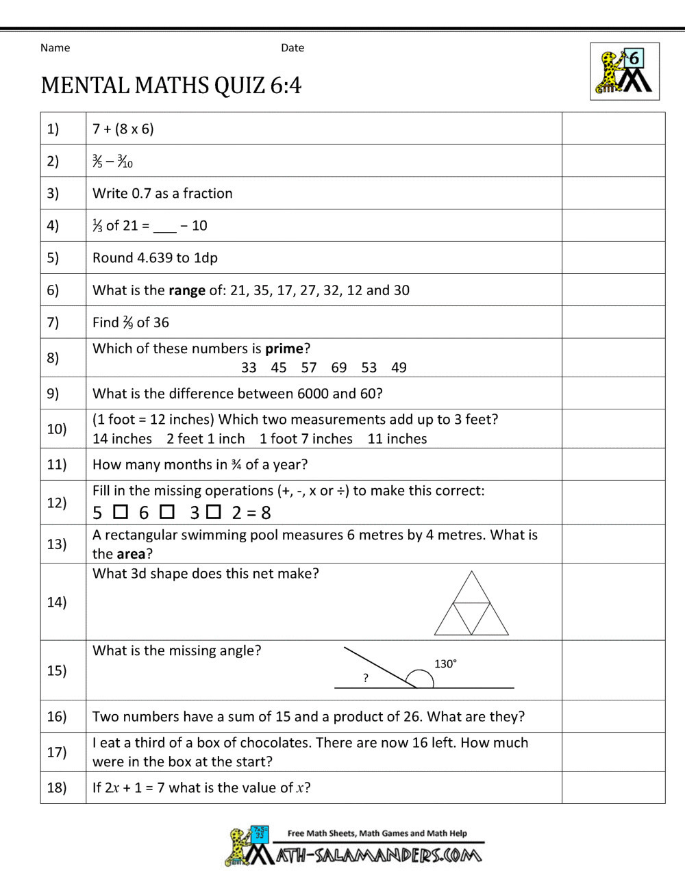 Mental Math Worksheets Grade 6 6 Mental Maths Worksheets Year 6 – Learning Worksheets