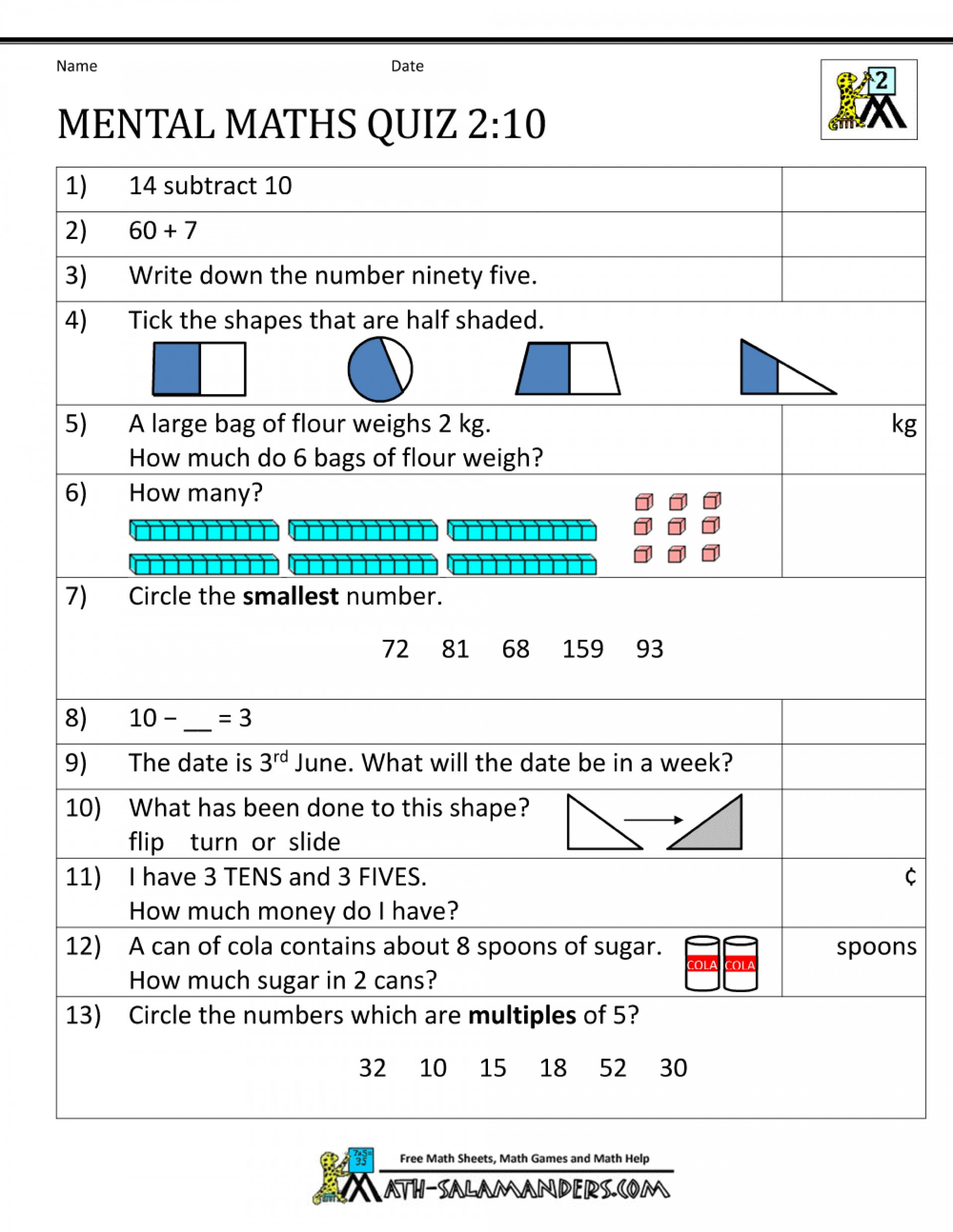 Mental Math Worksheets Grade 6 Mental Arithmetic Worksheets