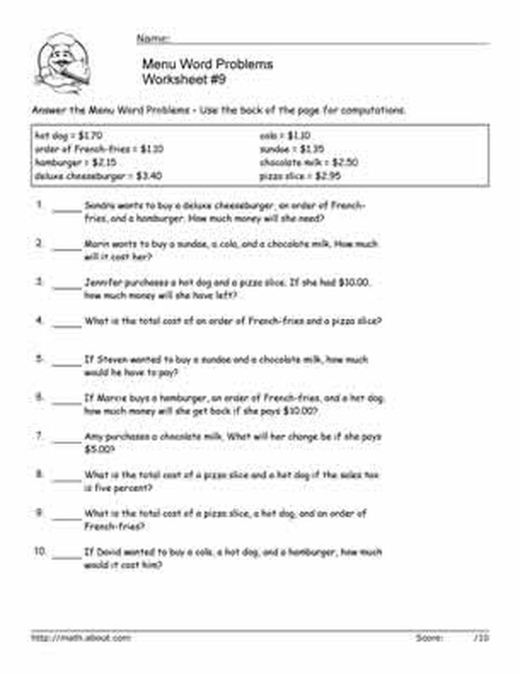 Menu Math Worksheets Printable Get Your Students solving Math Word Problems