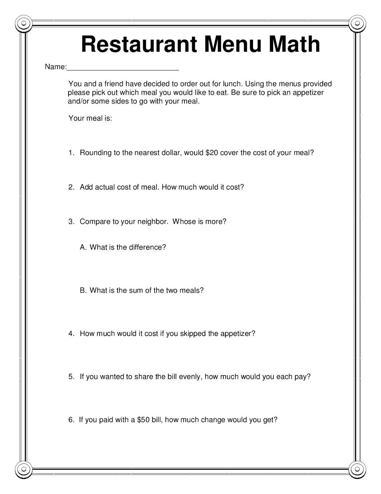 20 Menu Math Worksheets Printable Desalas Template