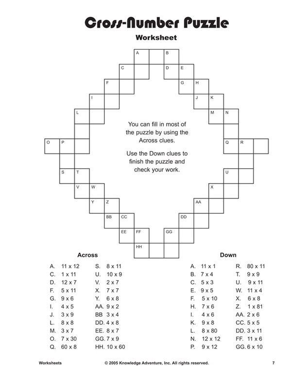 Middle School Math Puzzles Printable Cross Number Puzzle Multiplication Worksheet for Kids
