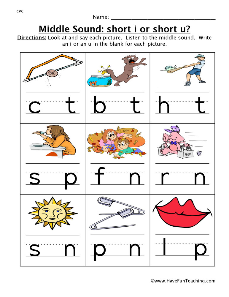 Middle sounds Worksheets for Kindergarten Middle sounds I or U Worksheet