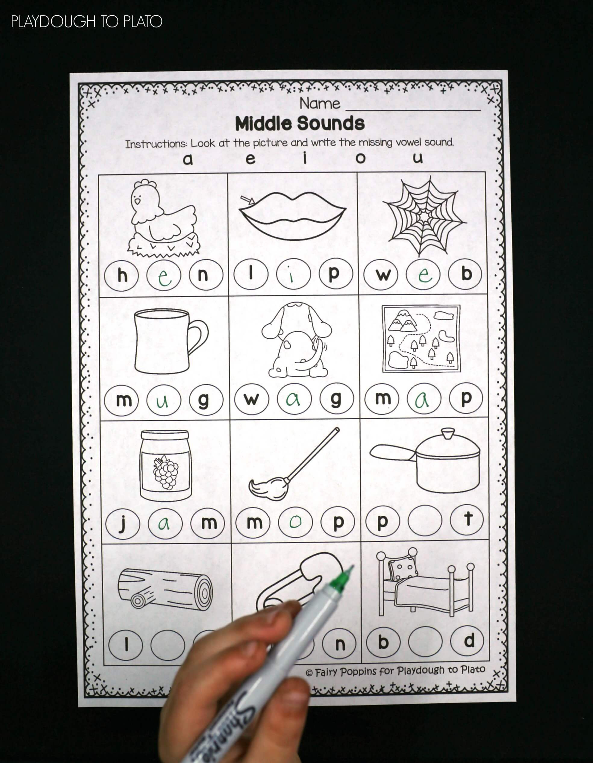 Middle sounds Worksheets for Kindergarten Middle sounds Worksheets Playdough to Plato