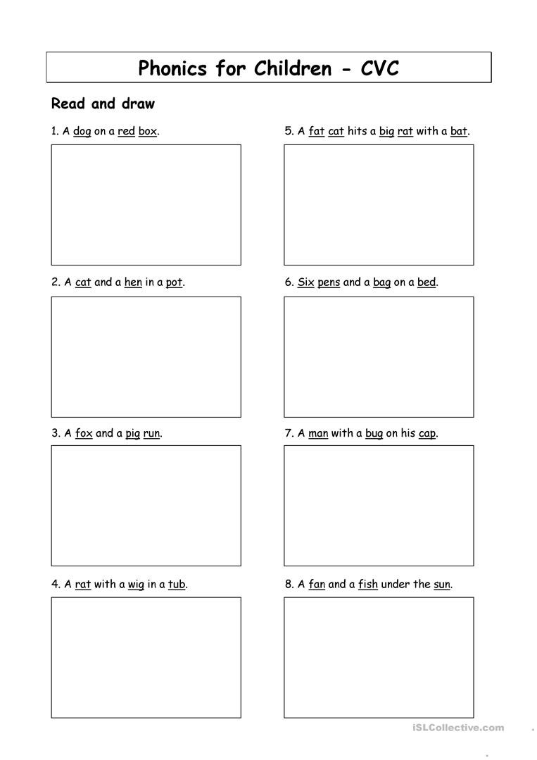 Middle sounds Worksheets for Kindergarten Phonics for Children Read and Draw Cvc English Esl