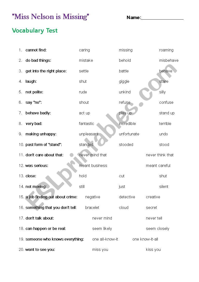 Miss Nelson is Missing Printables Miss Nelson is Missing Vocabulary Test Esl Worksheet by