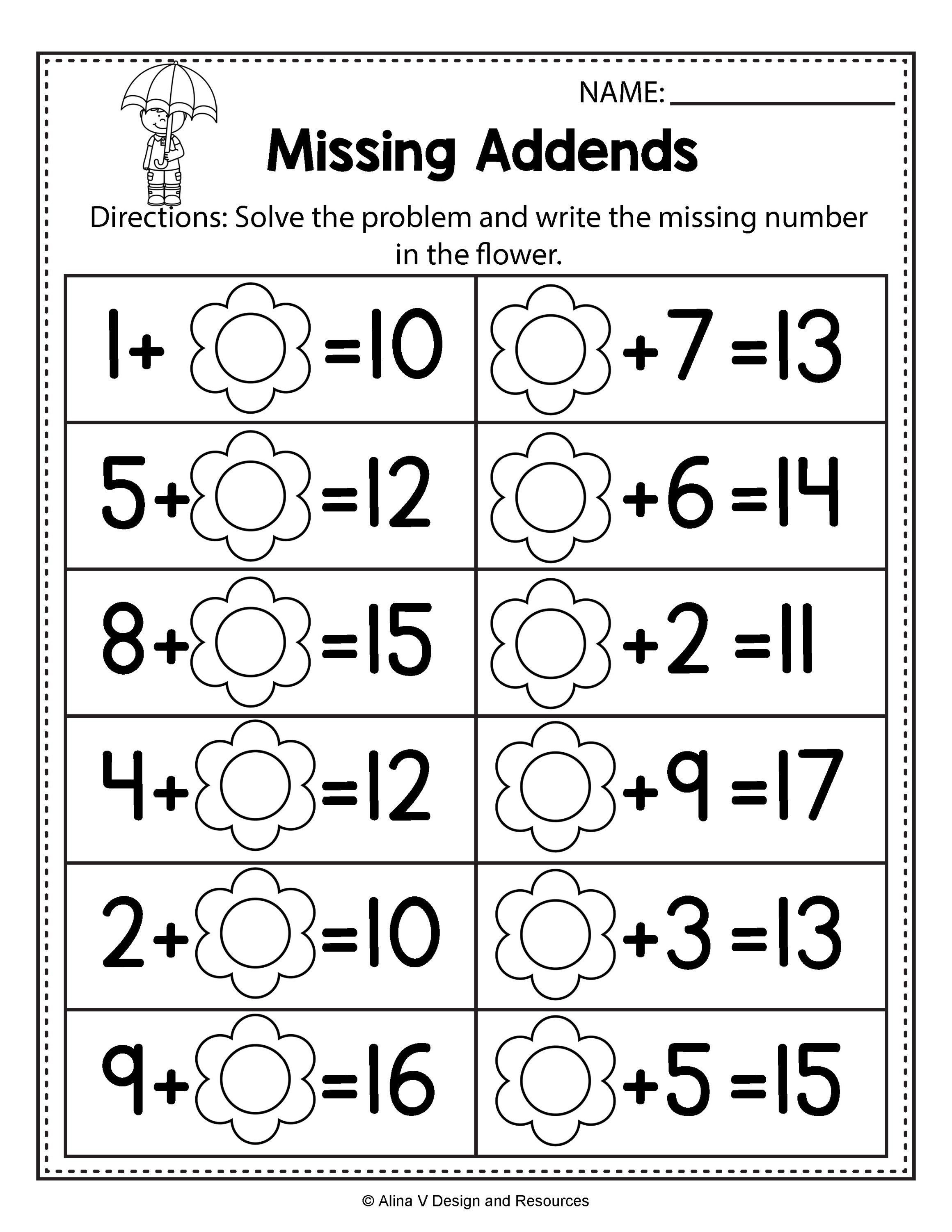 Missing Addend Worksheets 1st Grade Free Spring Math Worksheets for Kindergarten No Prep