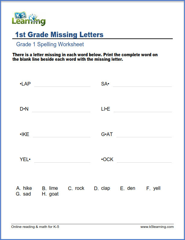 Missing Letters Worksheets for Kindergarten First Grade Spelling Worksheets