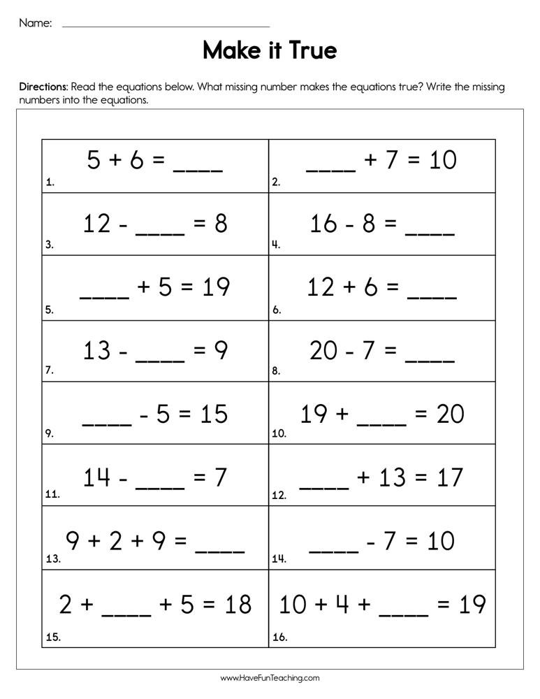 Missing Number Worksheets Kindergarten Make It True Missing Number Addition Worksheet • Have Fun