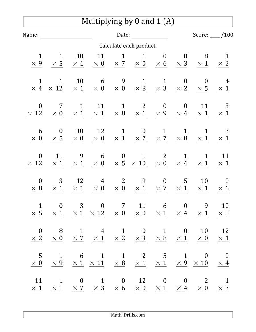 Multiplication Worksheets 0 12 Printable Multiplying by 0 and 1 with Factors 1 to 12 100 Questions A