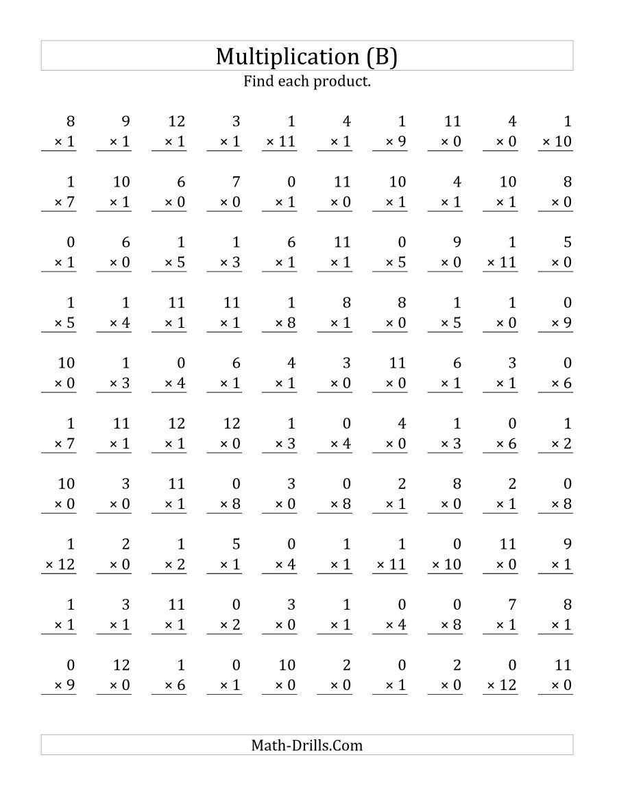 Multiplication Worksheets 0 12 Printable the Multiplying 1 to 12 by 0 and 1 B Math Worksheet