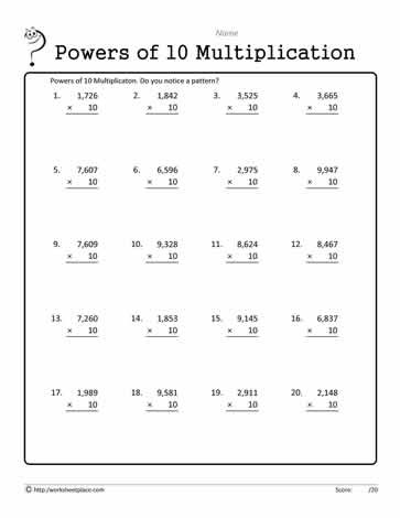 Multiplication Worksheets Grade 4 Multiply by 10 with 4 Digits Worksheets