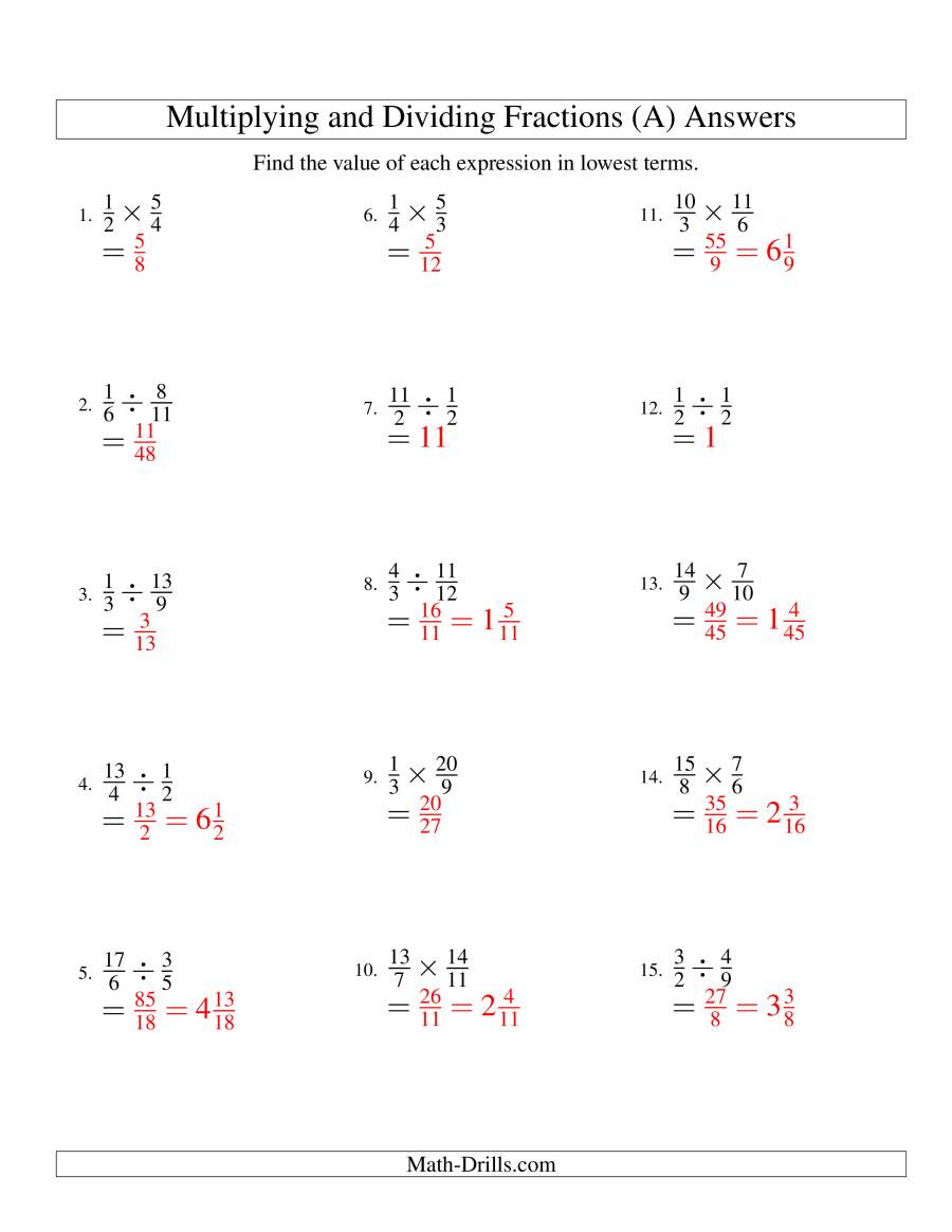 Multiplying Fractions Worksheet 6th Grade Multiplying and Dividing Fractions A