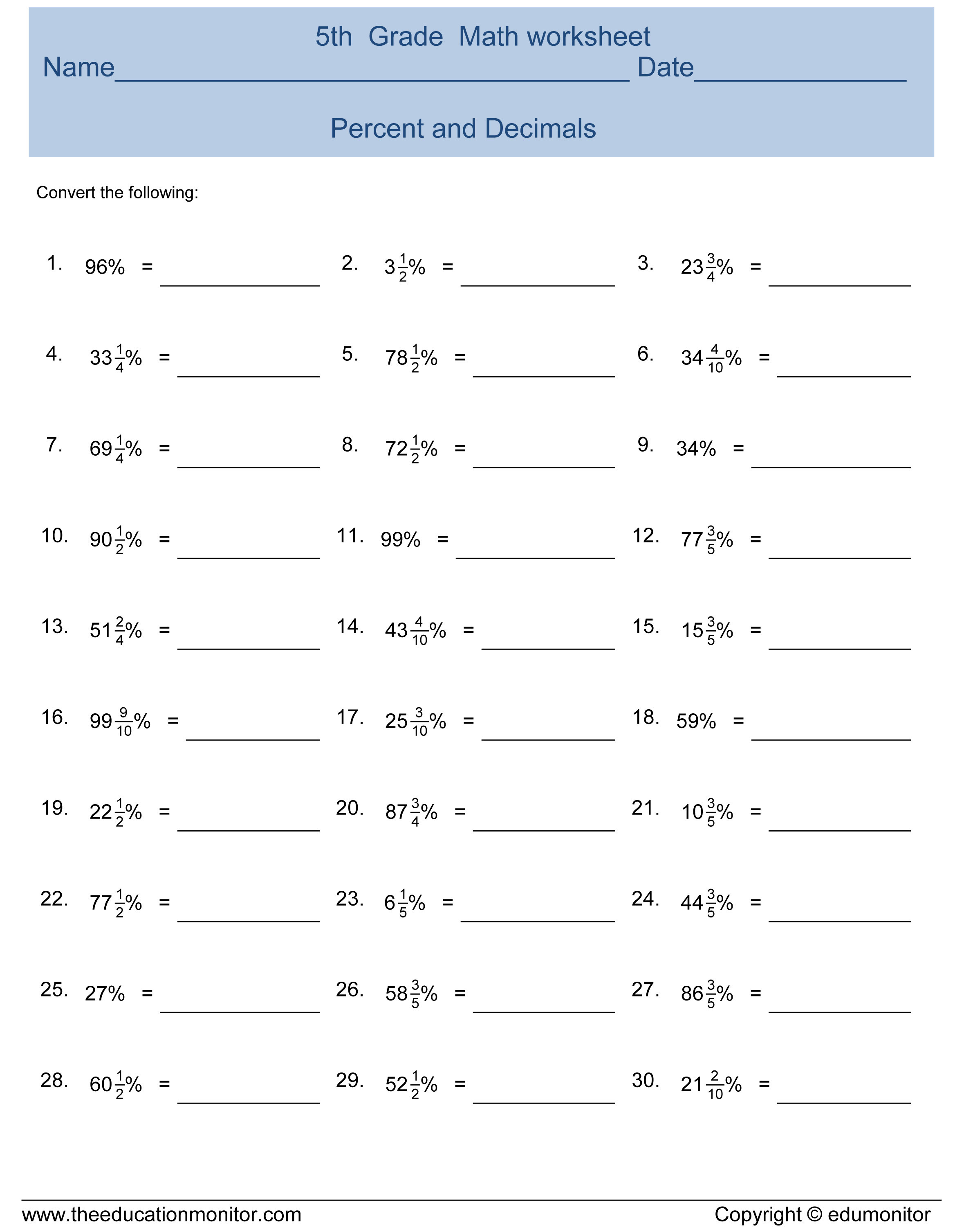 Number Pattern Worksheets 5th Grade Percentages and Decimals 5th Grade Math Worksheets
