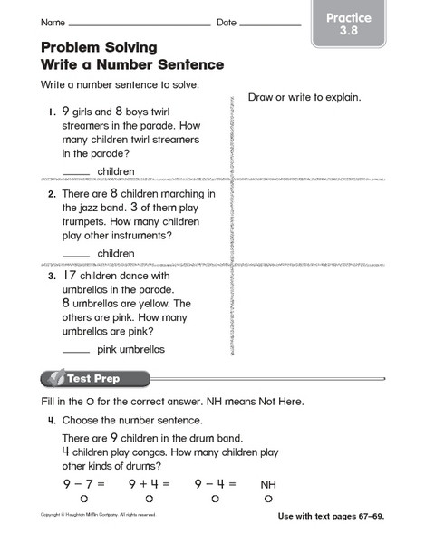 Number Sentence Worksheets 2nd Grade Problem solving Write A Number Sentence Practice 3 8