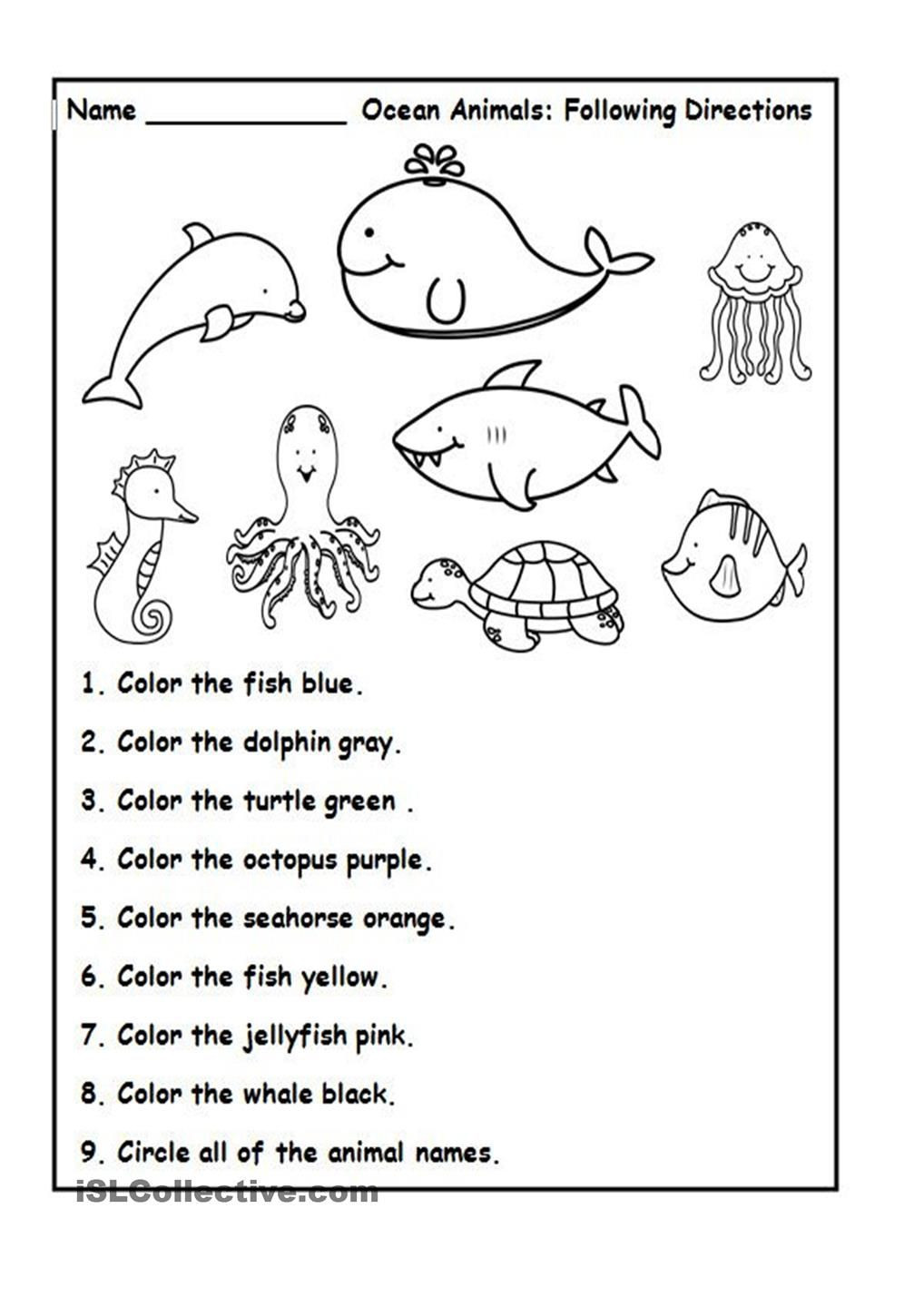 Ocean Worksheets for Preschool Animals and Colours