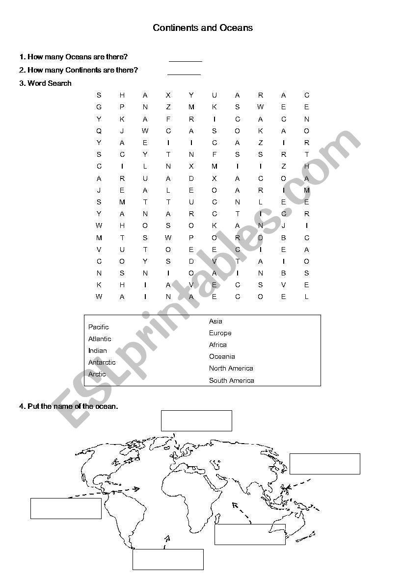 Oceans and Continents Worksheets Printable Continents and Oceans Esl Worksheet by Mimlms