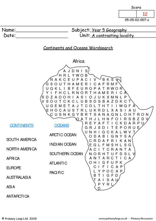 Oceans and Continents Worksheets Printable Geography Continents and Oceans Word Search