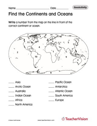 Oceans Worksheets for Kindergarten Find the Continents and Oceans Geography Printable 1st 8th