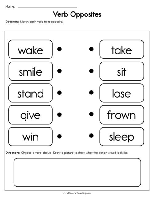 Opposites Worksheet for Kindergarten Kindergarten Verbs Worksheets • Have Fun Teaching