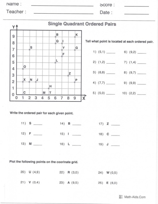 Ordered Pairs Worksheet 5th Grade Single Quadrant ordered Pairs with Answers