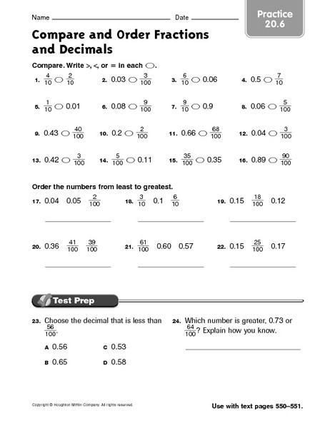 Ordering Decimals Worksheet 5th Grade Pare and order Fractions and Decimals Practice 20 6