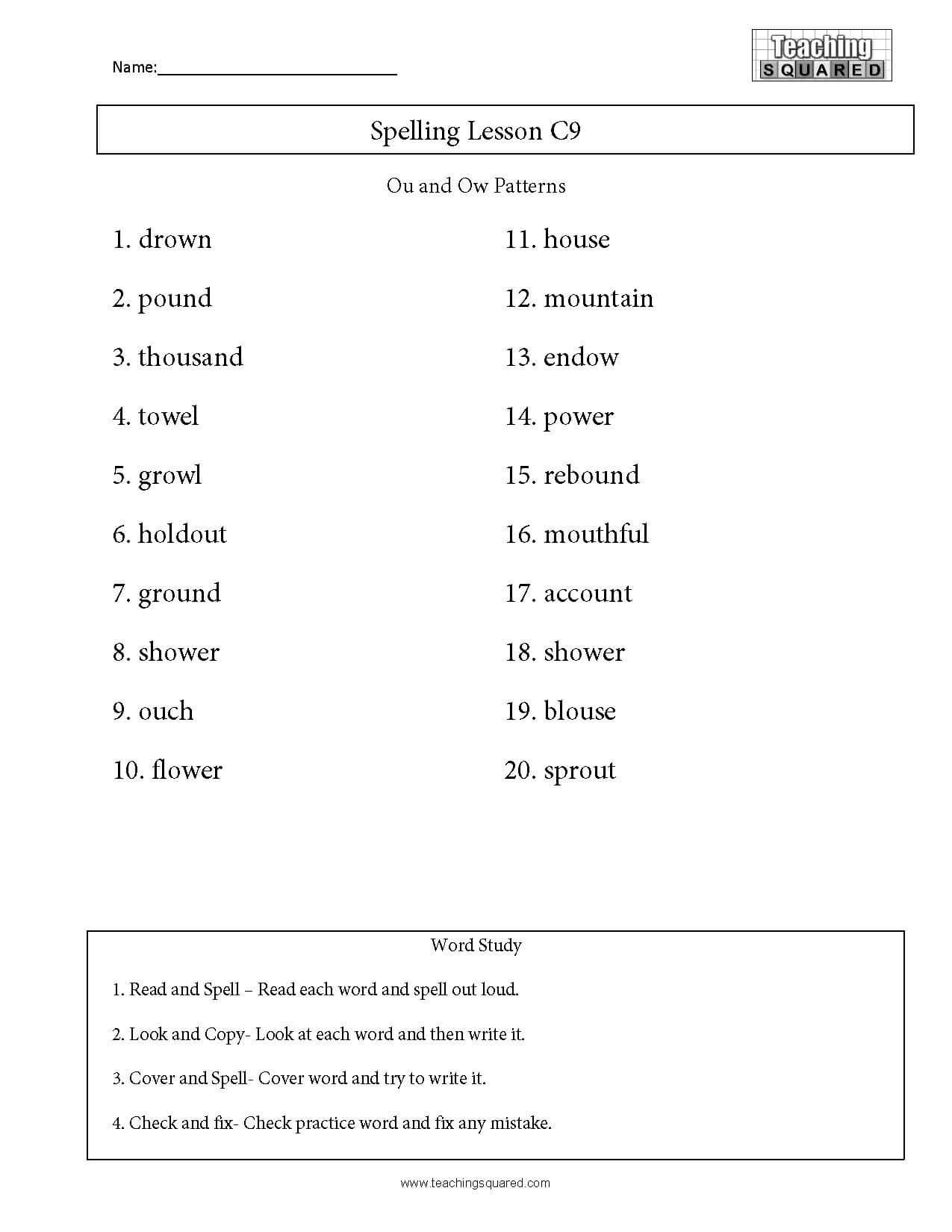 Ou Ow Worksheets 2nd Grade Spelling Lesson C9 Ou and Ow Patterns Teaching Squared
