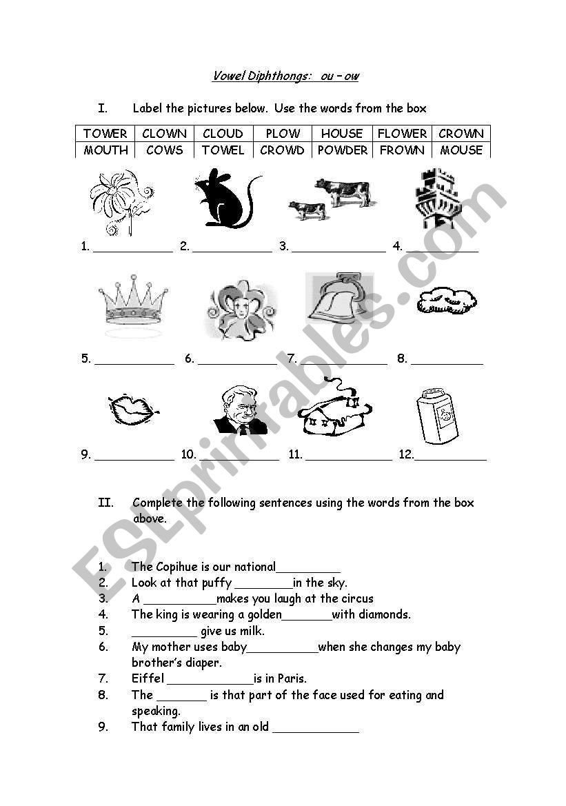 Ou Ow Worksheets 3rd Grade Vowel Diphtongs Ou Ow Esl Worksheet by Misskitty