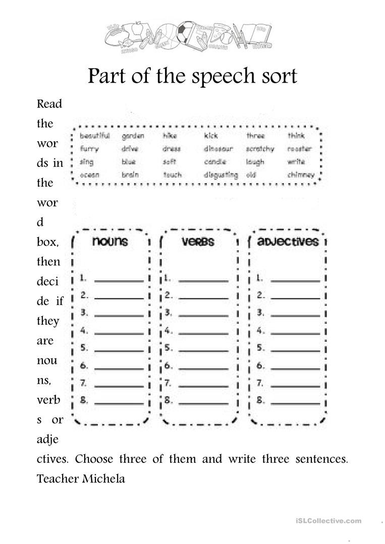 Parts Of Speech Printable Worksheets Part the Speech sort English Esl Worksheets for Distance