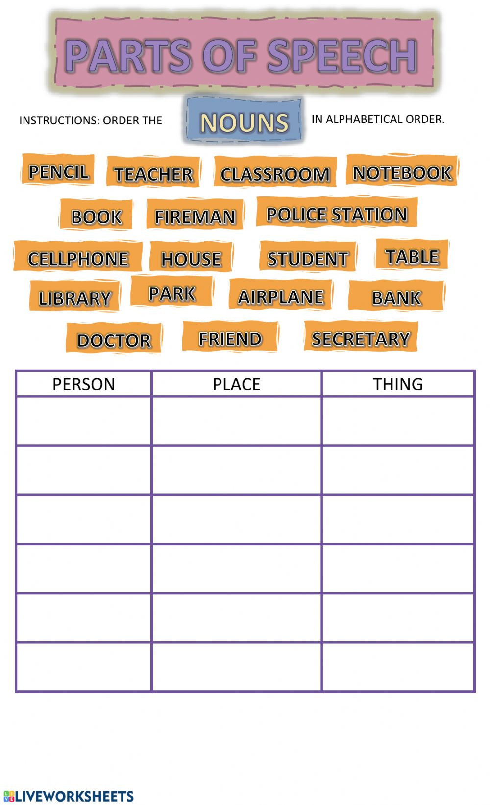 Parts Of Speech Printable Worksheets Parts Of Speech Nouns Interactive Worksheet