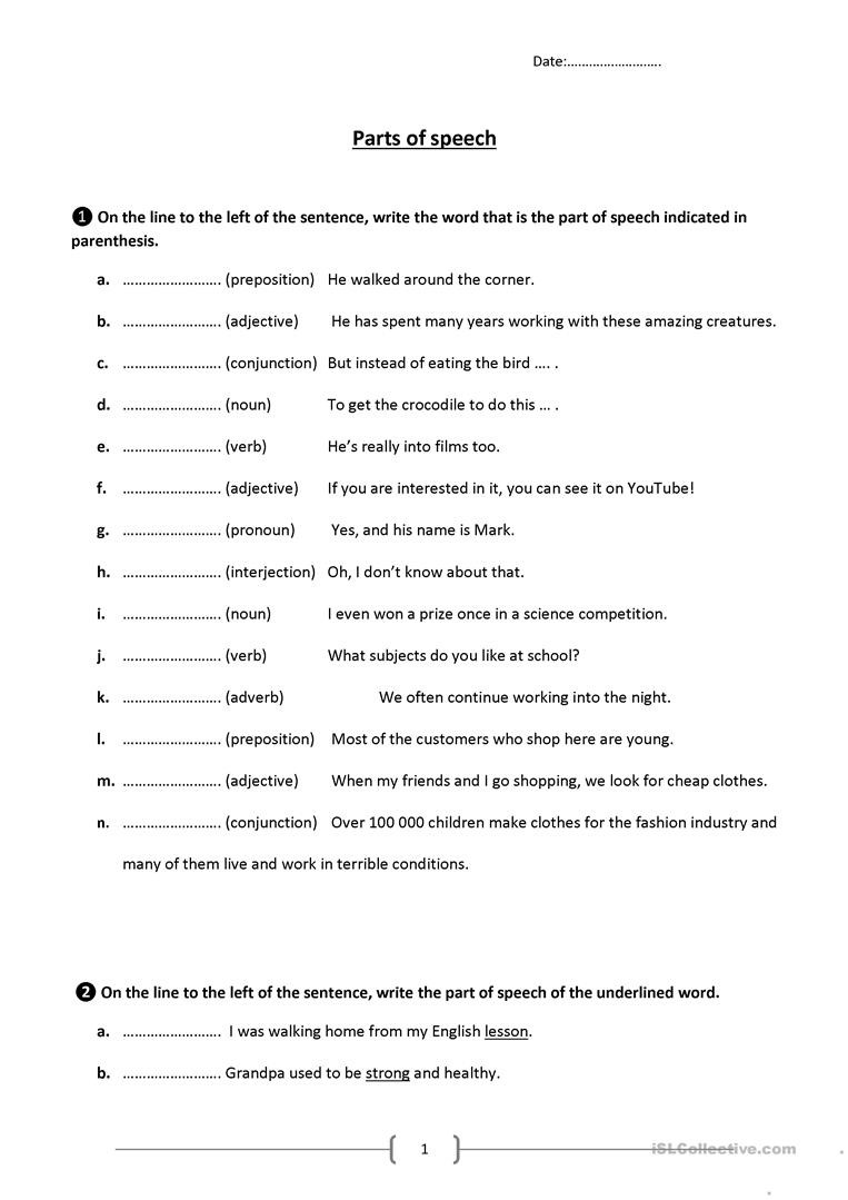 Parts Of Speech Printable Worksheets Parts Of Speech theory English Esl Worksheets for