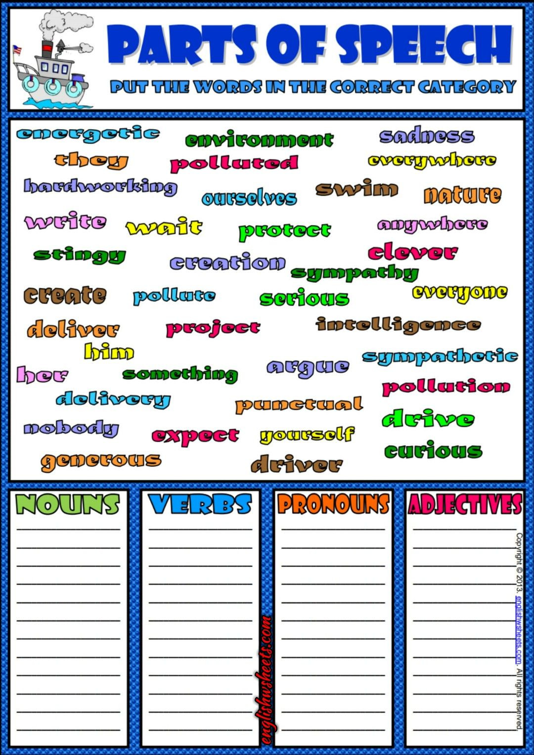 Parts Of Speech Printable Worksheets Parts Speech Classifying Esl Exercise Worksheet