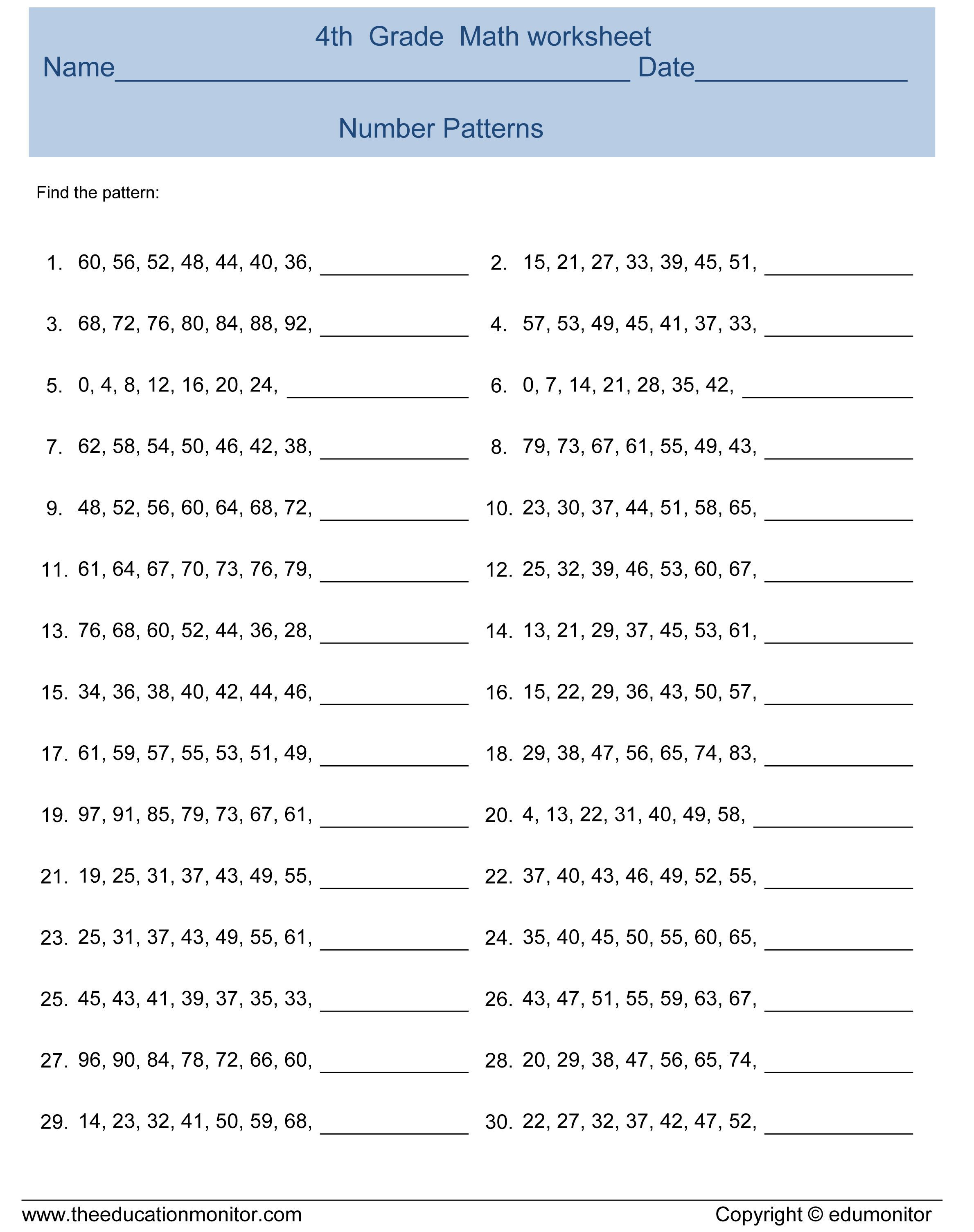 Pattern Worksheets 4th Grade Free Printable Educational Materials