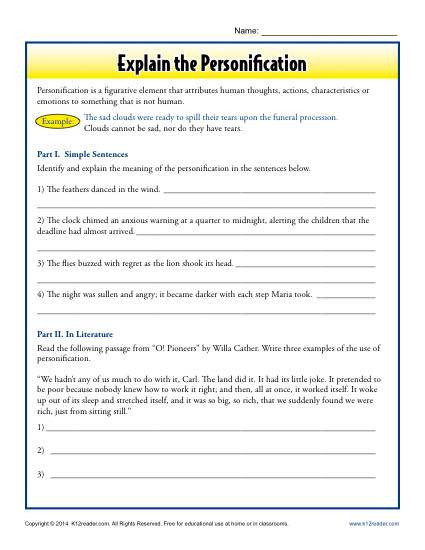 Personification Worksheets 6th Grade Explain the Personification