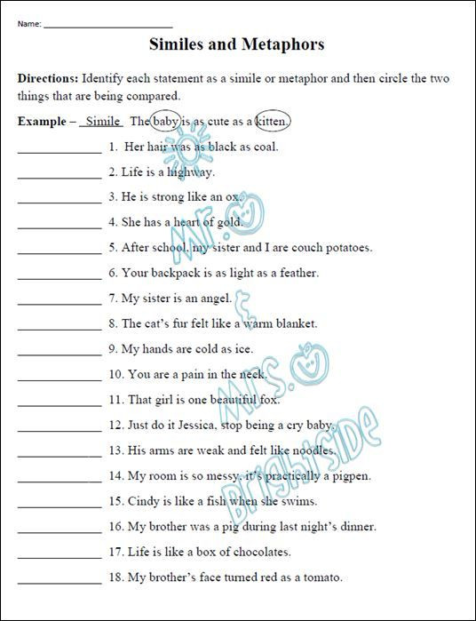 Personification Worksheets 6th Grade Figurative Language Similes and Metaphors